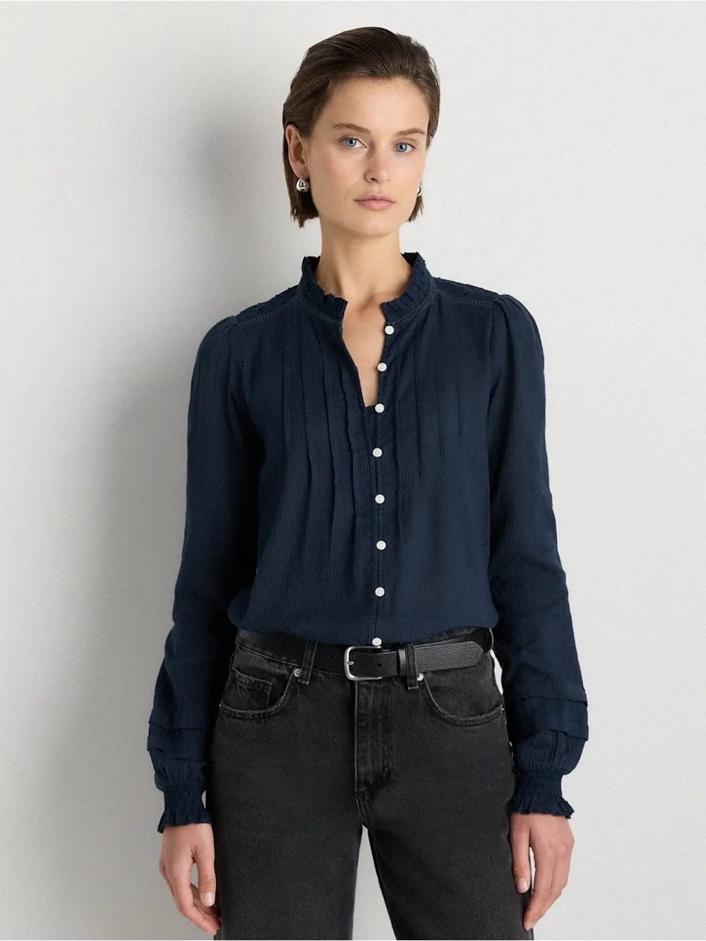 NWT Quince Organic Textured Cotton Peasant Blouse Navy Size S
